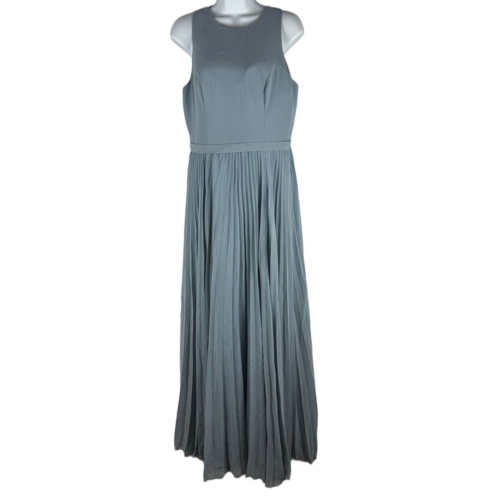 Azazie Long Pleated Blue Dress Size 8 Sleeveless Polyester